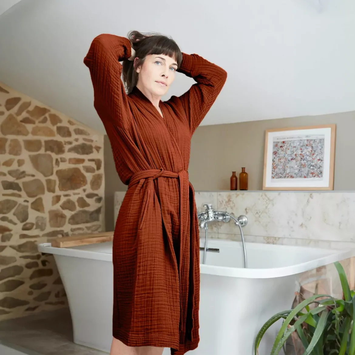 Accappatoio da bagno in garza di cotone L/XL Gaïa Terracotta