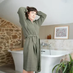 Accappatoio da bagno in garza di cotone L/XL Gaia Verde rosmarino