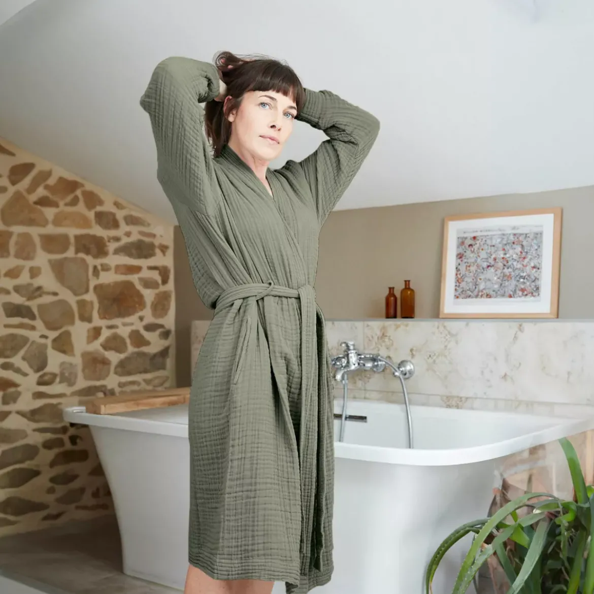 Accappatoio da bagno in garza di cotone L/XL Gaia Verde rosmarino