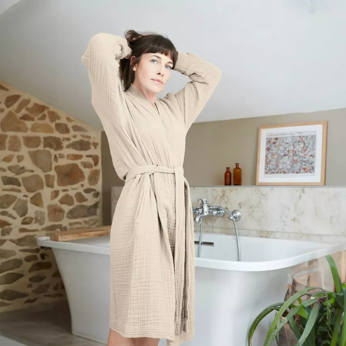 Accappatoio in garza di cotone L/XL Gaïa Beige pampa