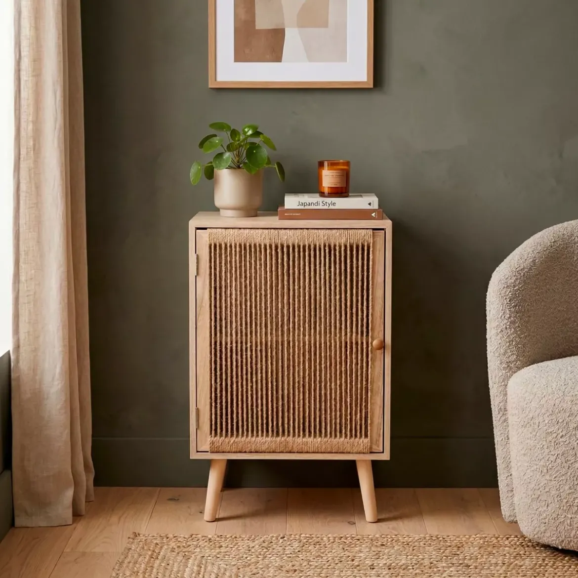 Comò cassettiera 1 porta legno e corda di canapa (40 x 65 cm) Manille Beige