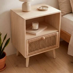 Comodino legno e corda di canapa (Alt 55 cm) Manille vano a giorno Beige