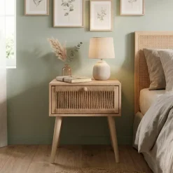 Comodino legno e corde di canapa (Alt 58 cm) Manille cassetto Beige