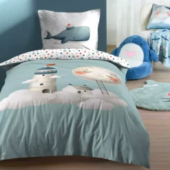 Completo lenzuola copripiumino e federa in cotone per bambini (140 x 200 cm) Moby Blu