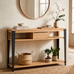Consolle 1 cassetto in rovere massiccio e metallo (120 x 85 cm) Bristol Naturale