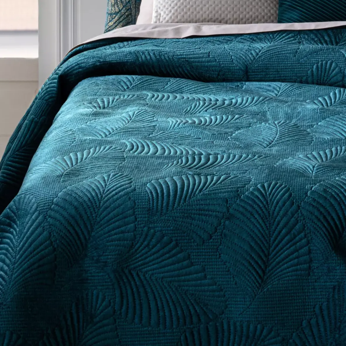 Copriletto (260 x 240 cm) Foglie Blu ottanio