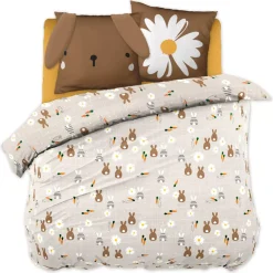 Copripiumino e due federe per bambini in cotone (240 x 220 cm) Pompon Marrone