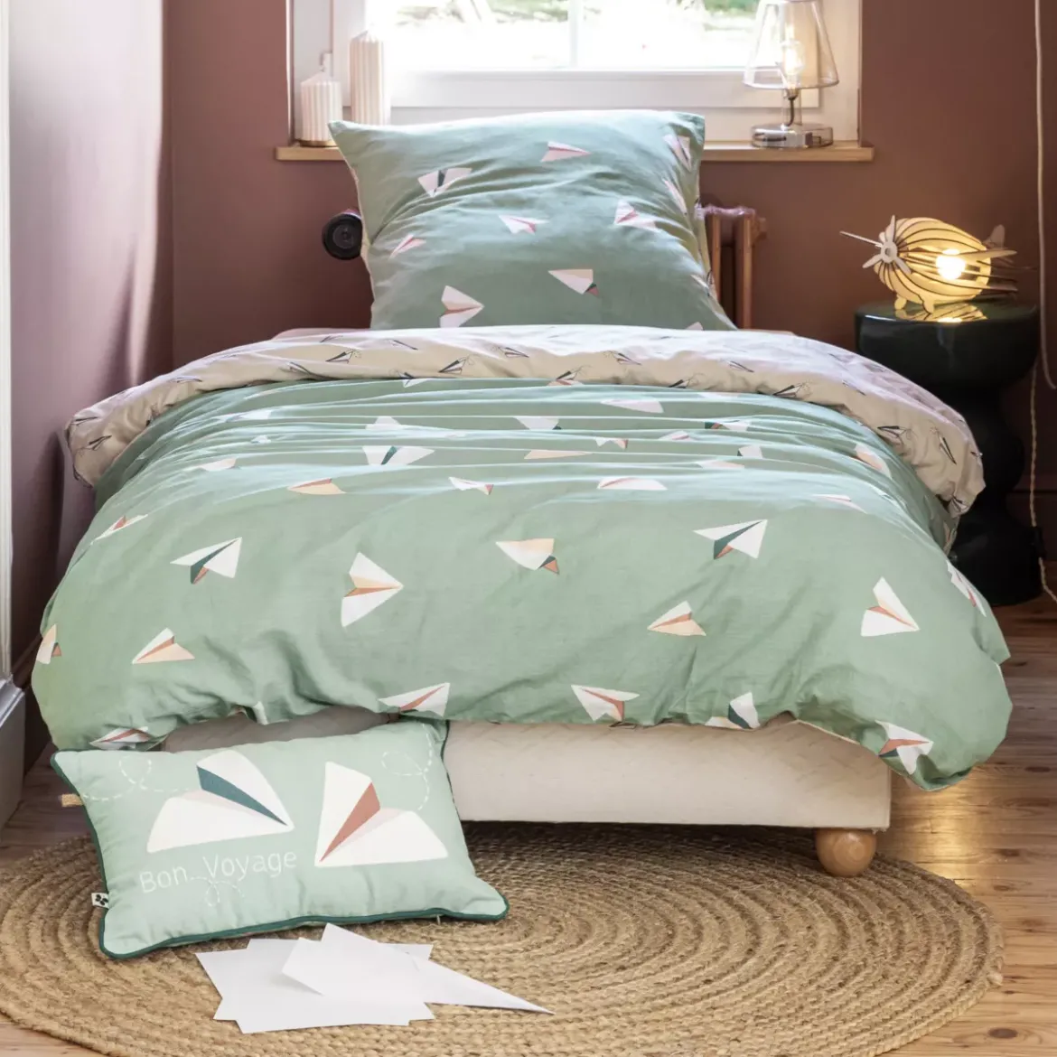 Copripiumino e due federe bambino cotone (200 x 200 cm) Petits papiers Verde