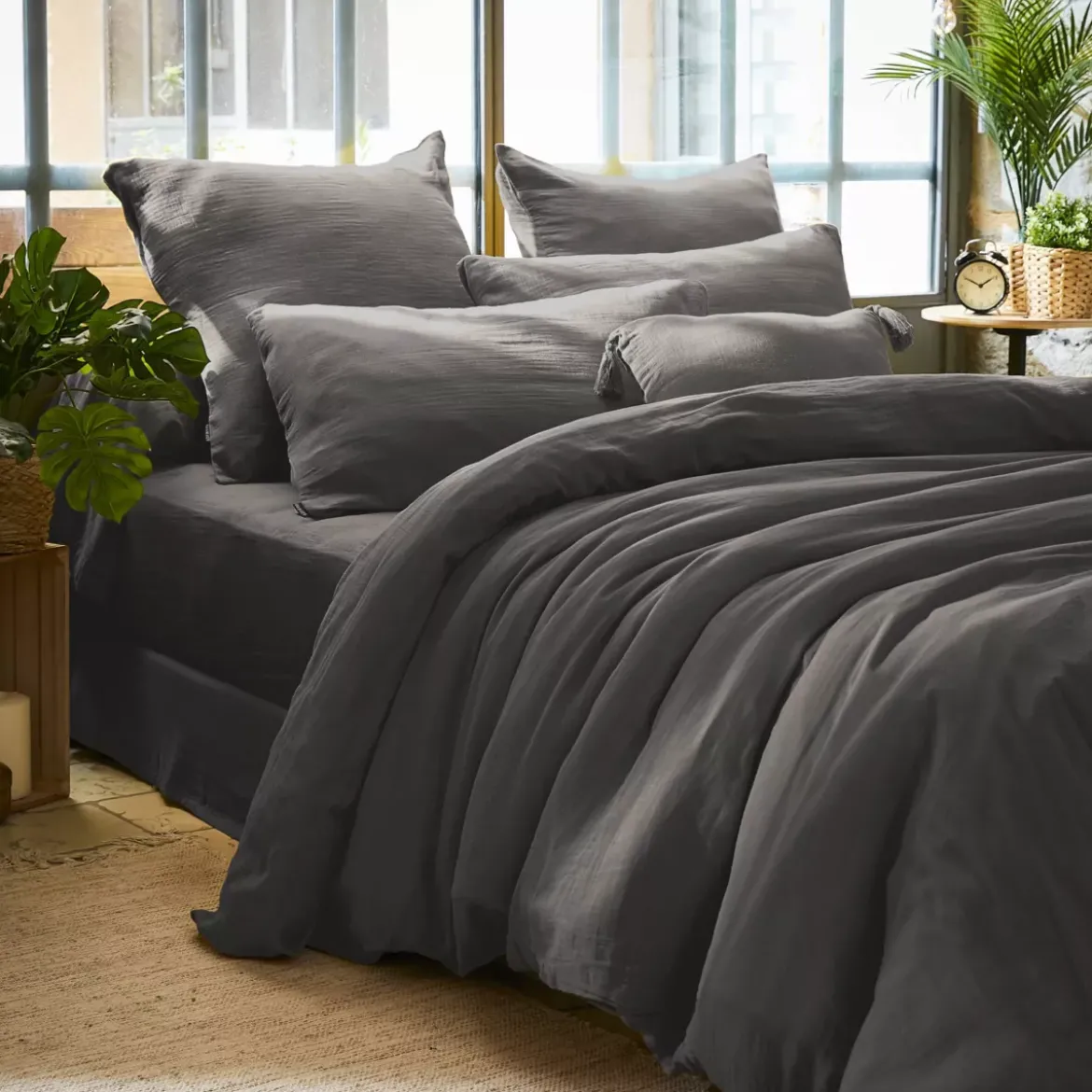 Copripiumino garza di cotone (280 x 240 cm) Gaïa Grigio granito