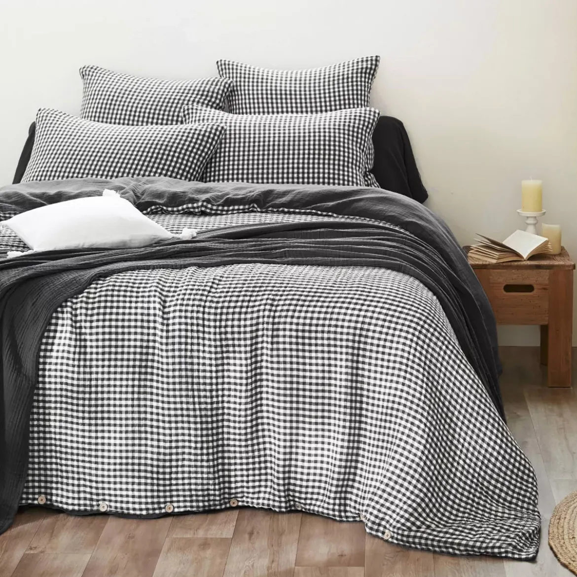 Copripiumino garza di cotone (260 x 240 cm) Gaïa vichy Nero
