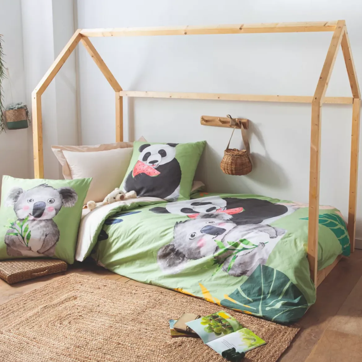 Copripiumino per bambini in cotone percalle (140 x 200 cm) Panda verde