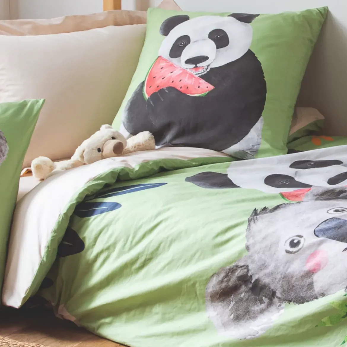 Copripiumino per bambini in cotone percalle (140 x 200 cm) Panda verde