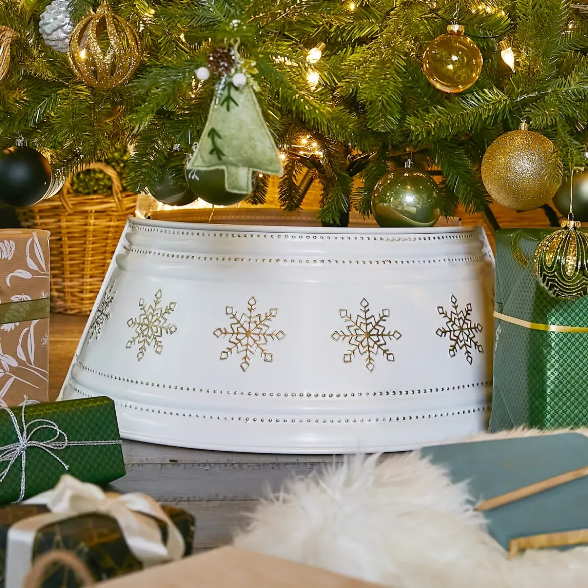 Coprivaso di albero in metallo (D70 cm) Bianco e Fiocchi d'oro