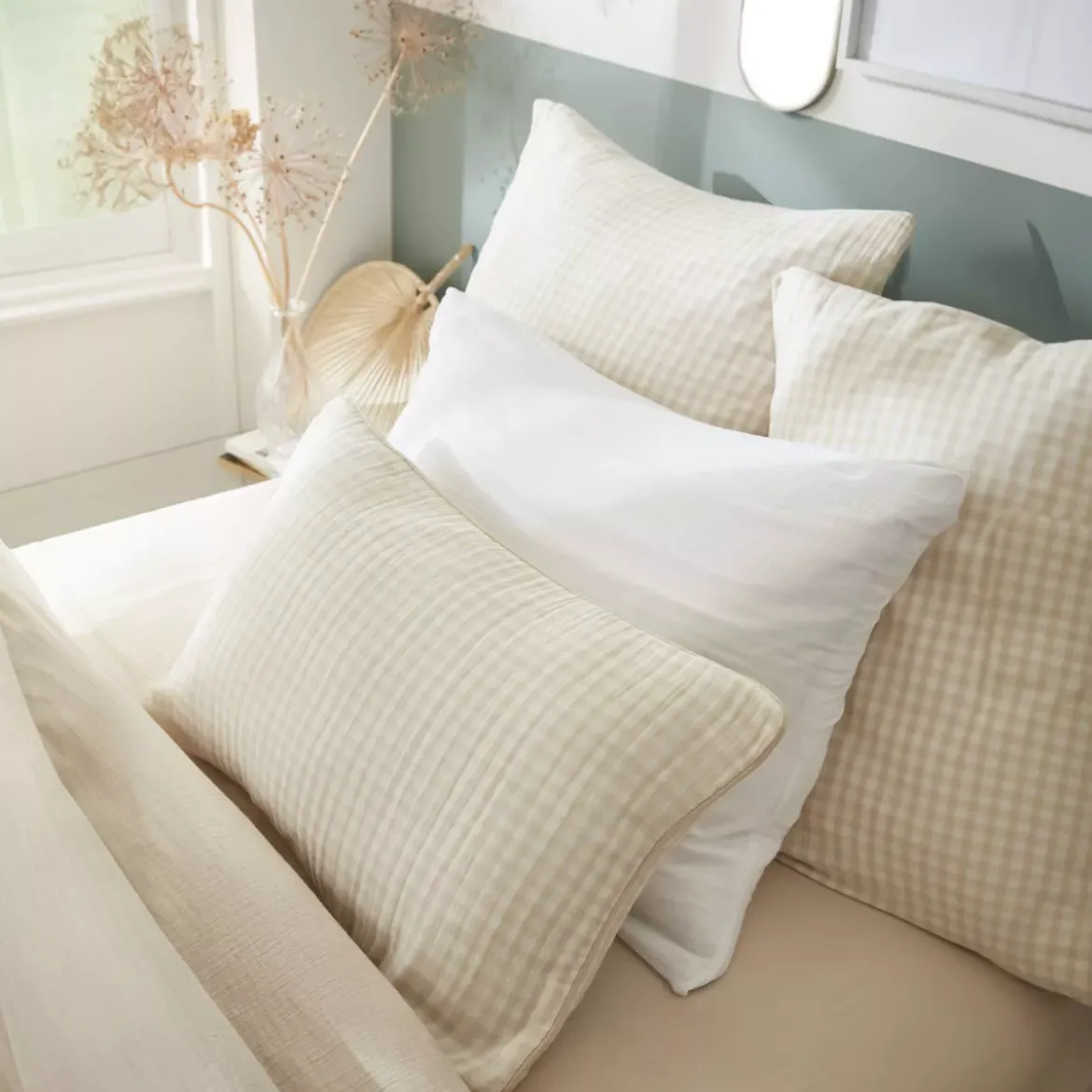 Cuscino quadrato in garza di cotone (45 x 45 cm) Gaïa vichy Beige