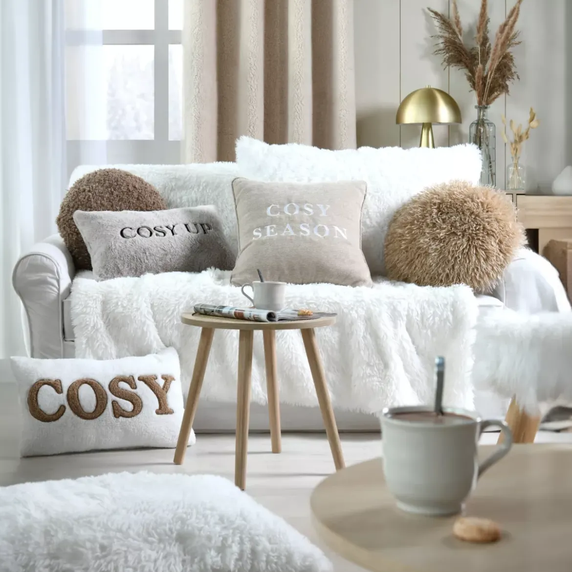 Cuscino rotondo in pelliccia sintetica (40 cm) Cosylife Beige