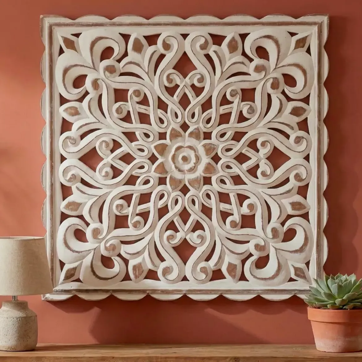 Decorazione murale in legno (L80 cm) Mandala Bianco patinato