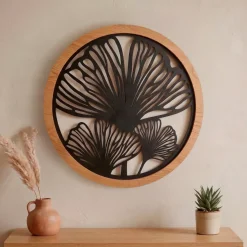 Decorazione murale rotonda in metallo (D60 cm) Ginkgo Nero