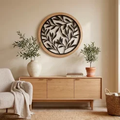 Decorazione murale rotonda in metallo (D60 cm) Foglie Nero
