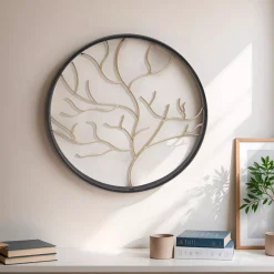 Decorazione murale rotonda in metallo (D28 cm) Albero contemporaneao Nero e dorato