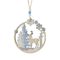 Decorazione natalizia in legno da appendere (D11 cm) Renna nel bosco Azzurro chiaro