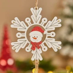 Decorazione natalizia sospesa in legno (D9 cm) Pupazzo di neve e fiocco Bianco