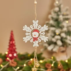 Decorazione natalizia sospesa in legno (D9 cm) Pupazzo di neve e fiocco Bianco