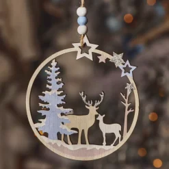 Decorazione natalizia sospesa in legno (D11 cm) Renna e cerva nel bosco Blu