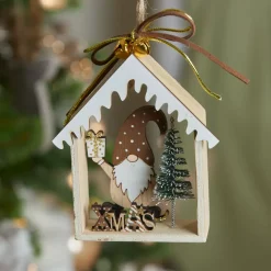 Decorazione natalizia sospesa in legno (H11 cm) Casa di Babbo Natale Marrone