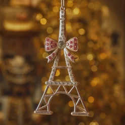 Decorazione natalizia sospesa in metallo (H11 cm) Torre Eiffel con strass dorati