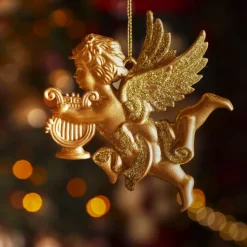 Decorazione natalizia sospesa (H9 cm) Angelo custode Oro glitterato