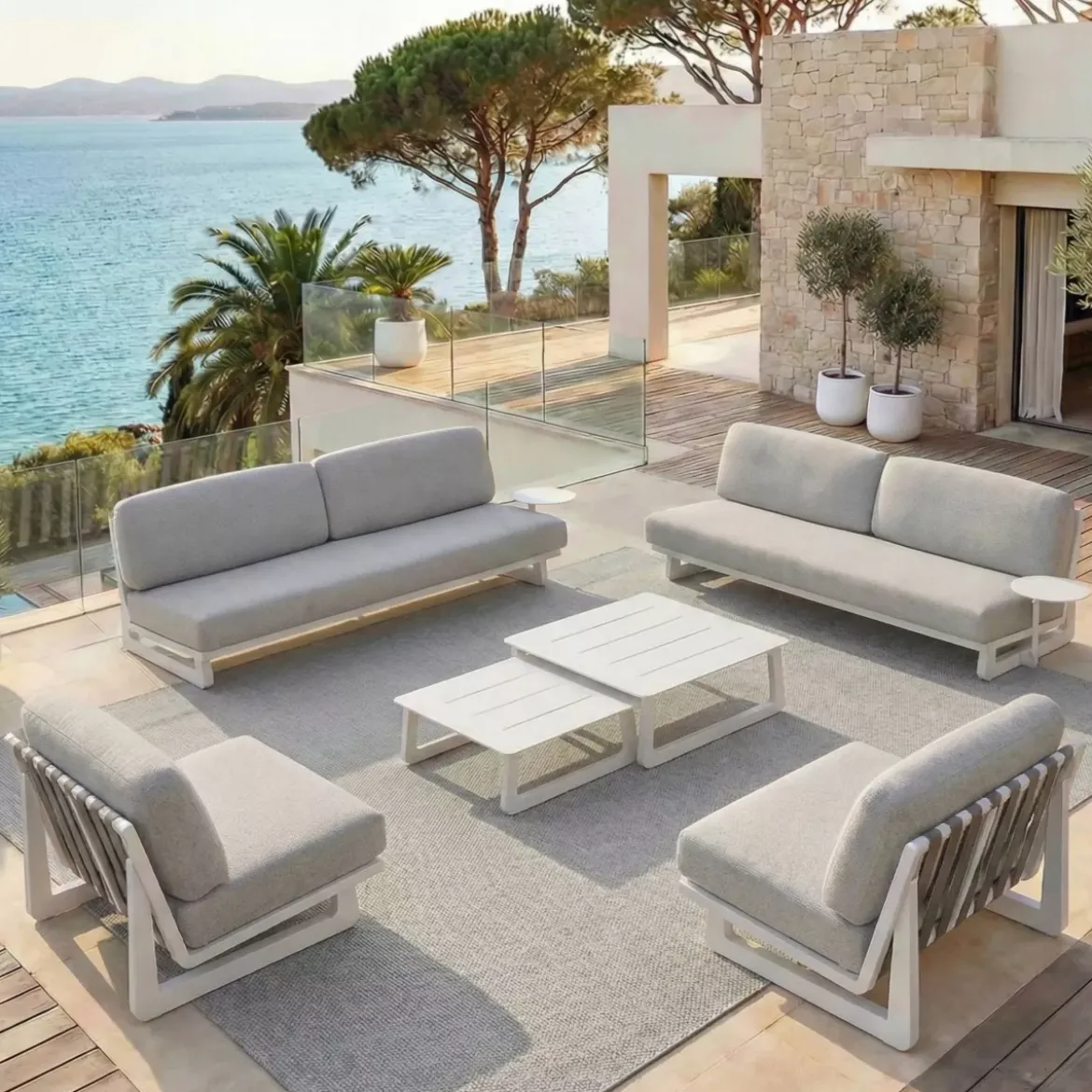 Divano da giardino in alluminio 2 posti Long Beach Bianco cenere e grigio chiaro
