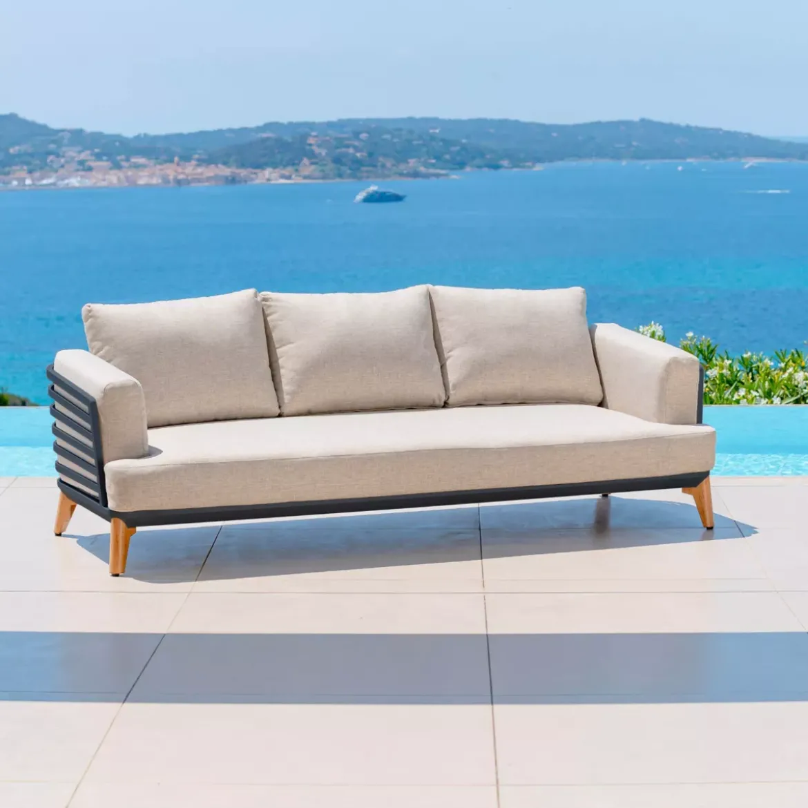 Divano da giardino in alluminio 3 posti Monte Carlo Grigio antracite e tortora
