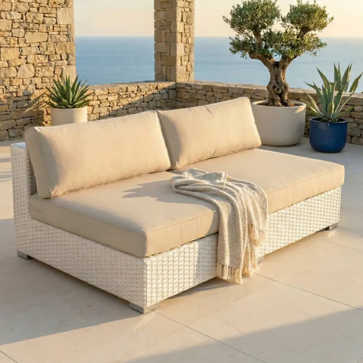 Divano da giardino in resina intrecciata 2 posti Palma Bianco e beige