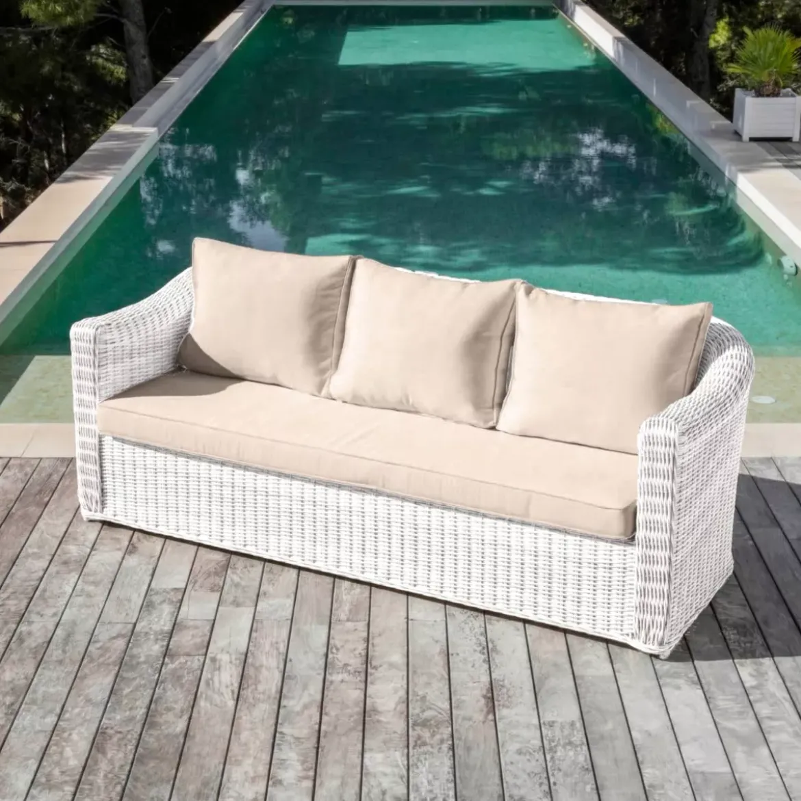 Divano da giardino in resina intrecciata 3 posti Calvi Bianco e tortora