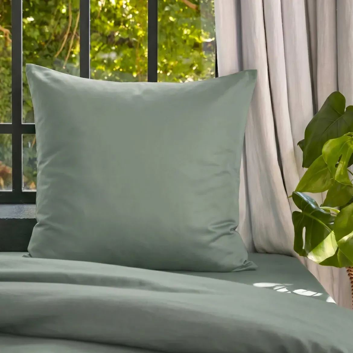 Federa cuscino letto quadrato lyocell Tencel™ lavato (63 x 63 cm) Olivia Verde eucalipto