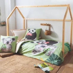 Federa quadrata per cuscino da bambino percalle di cotone (65 x 65 cm) Panda Verde