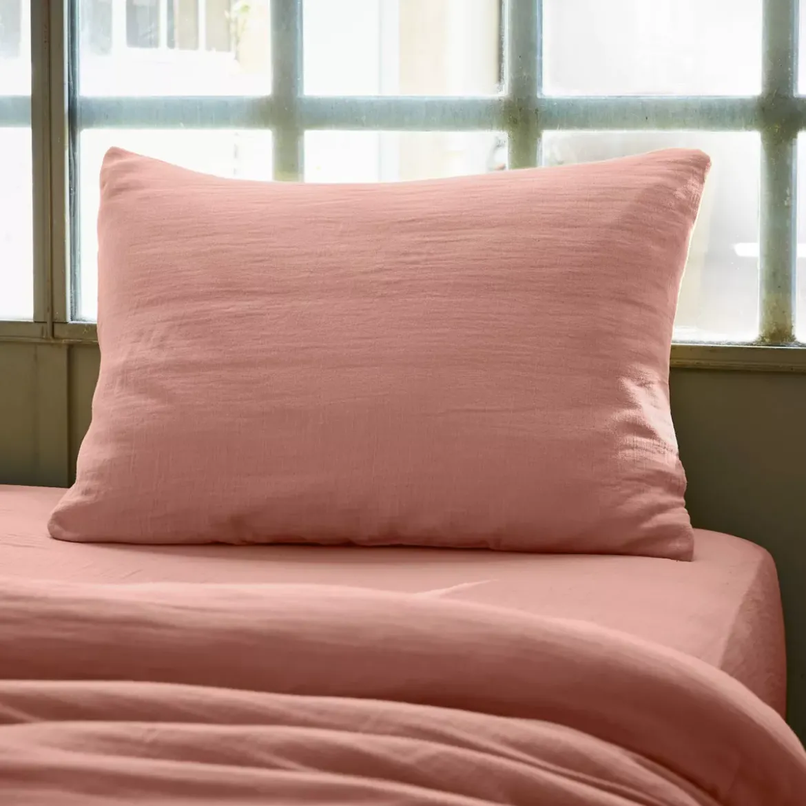 Federa rettangolare garza di cotone (L70 cm) Gaïa Rosa pesca