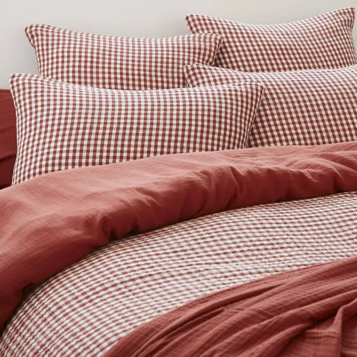 Federa rettangolare in doppia garza di cotone (50 x 80 cm) Gaïa Vichy Terracotta