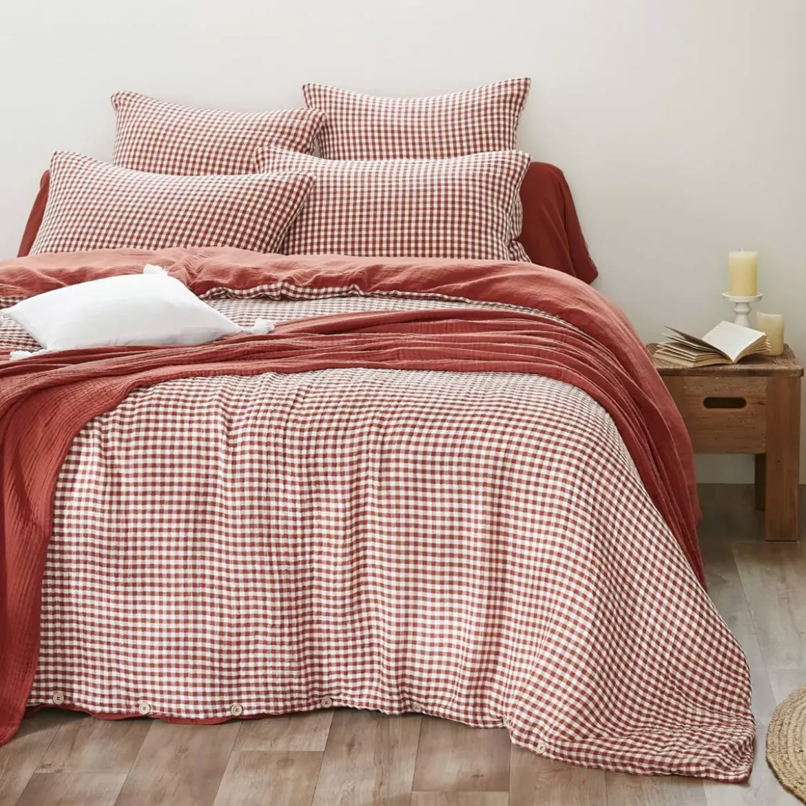 Federa rettangolare in doppia garza di cotone (50 x 80 cm) Gaïa Vichy Terracotta
