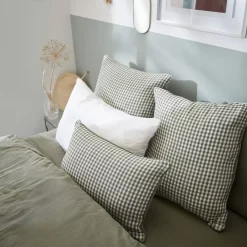Fodera per cuscino quadrata in doppia garza di cotone (60 x 60 cm) Gaïa vichy Verde rosmarino