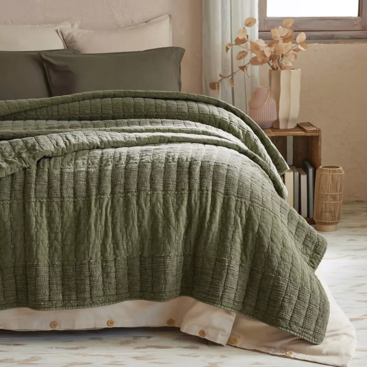 Fodera per cuscino quadrata in cotone (60 x 60 cm) Lena Verde rosmarino