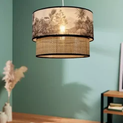 Lampadario a sospensione doppio rattan (D35 cm) Ombrage Nero e naturale