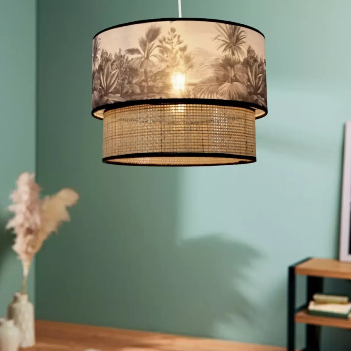 Lampadario a sospensione doppio rattan (D35 cm) Ombrage Nero e naturale