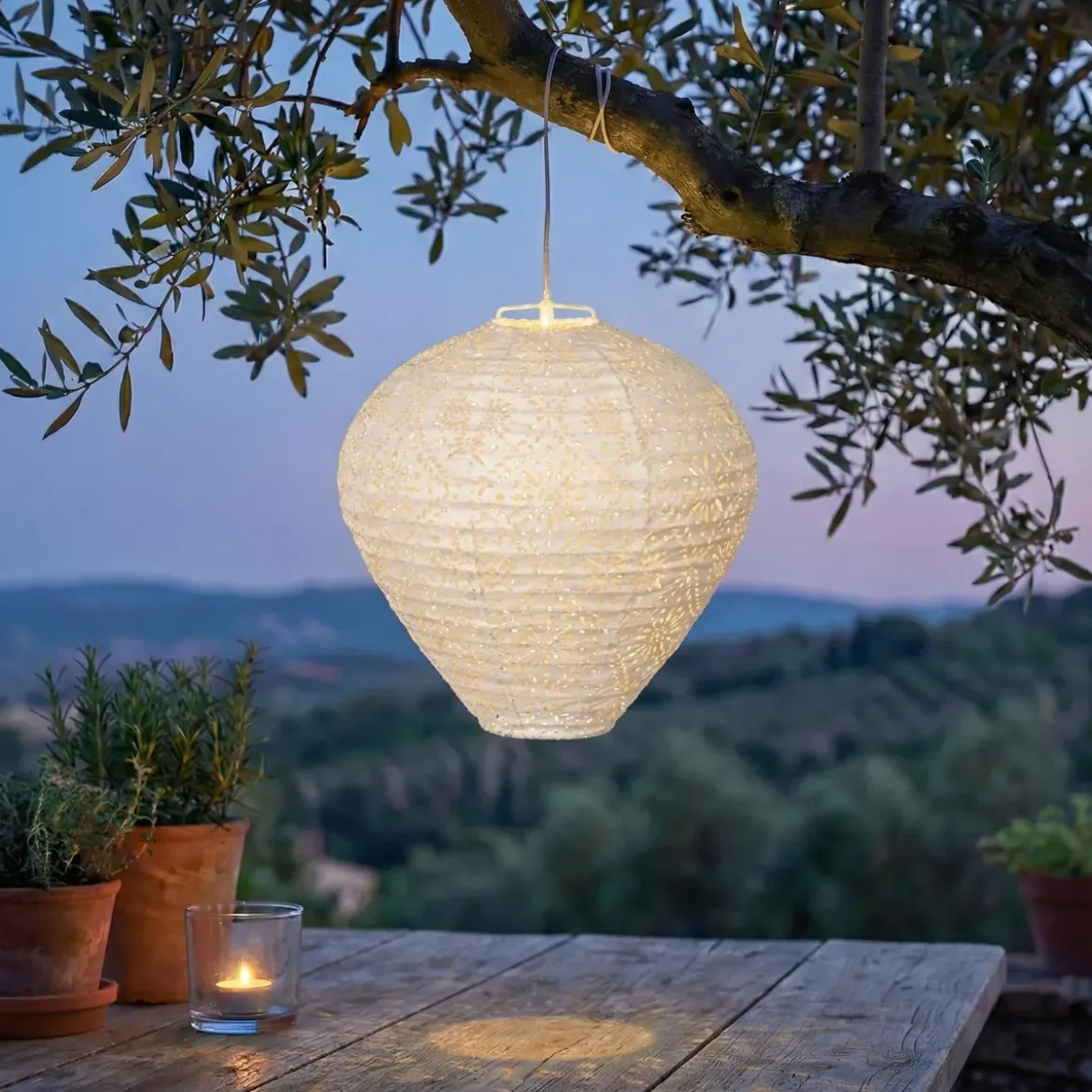 Lanterna solare da giardino sospesa (H28 cm) Bianca traforata