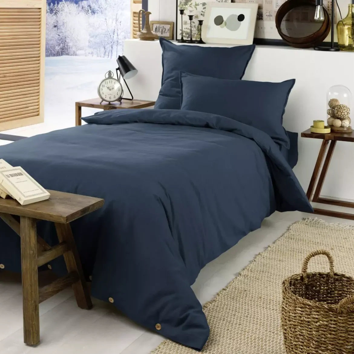Lenzuolo con angoli flanella di cotone (90 cm) Théa Blu notte