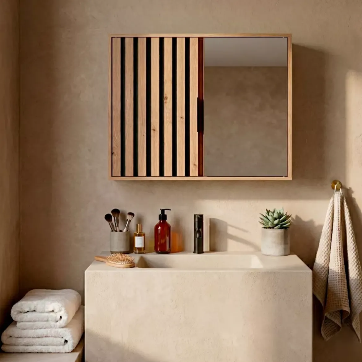 Mobiletto alto per bagno in legno con 2 ripiani (46 x 60 cm) Karma Naturale