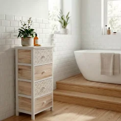 Mobiletto bagno 4 cassetti in legno di paulownia (86 x 37 cm) Stile Bohémien Bianco