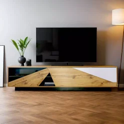 Mobile TV in legno design (L180 x 40 cm) Alabama Bianco, nero e naturale