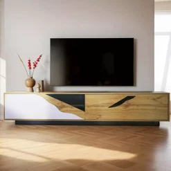 Mobile TV in legno design (180 x 40 cm) Florida Bianco, nero e naturale