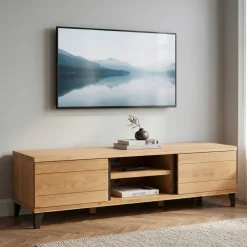 Mobile TV 2 scomparti 2 ante in rovere massiccio e metallo (150 x 44 cm) Bristol Naturale